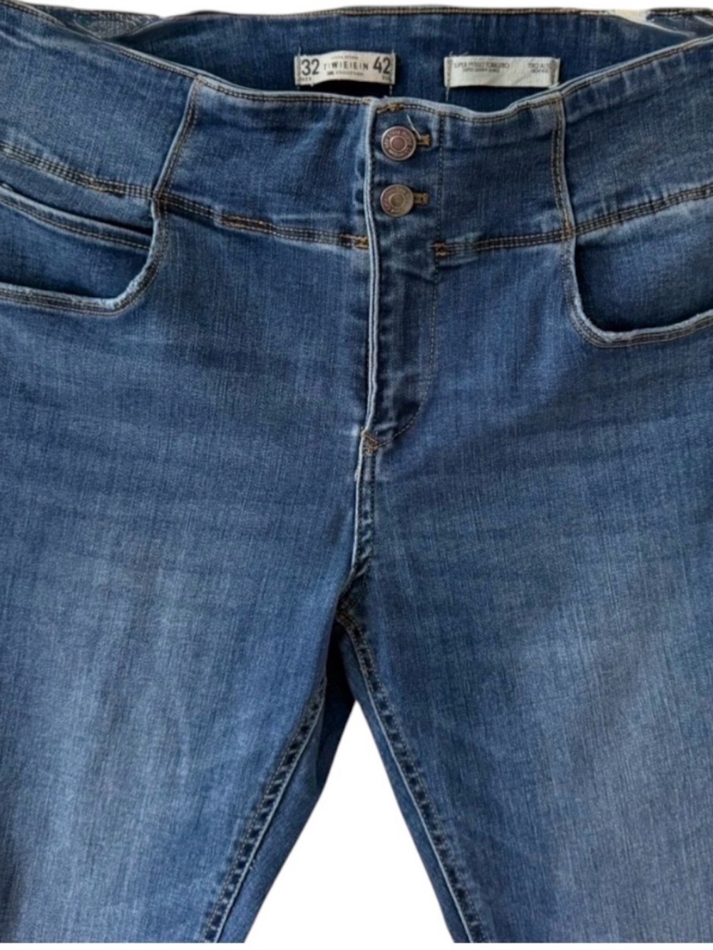 Sfera Women’s Stretch Jeans Size 42 / 32 Blue Wash Double Button Skinny Denim - Picture 3 of 14